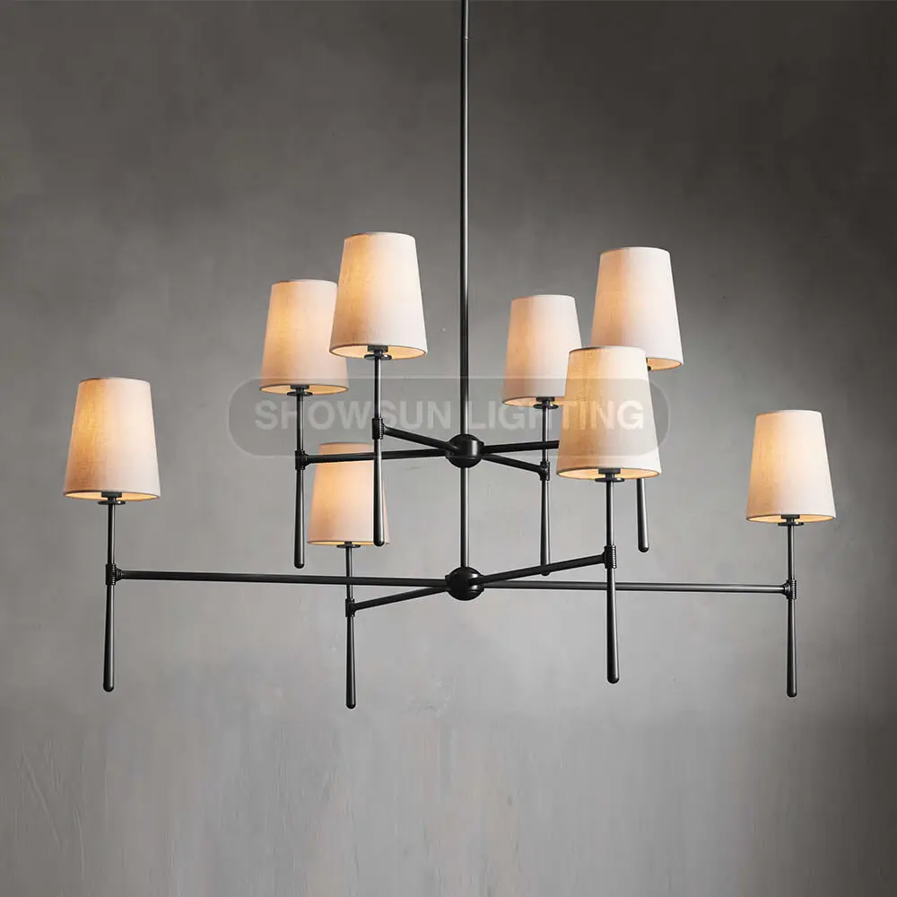 2-Tier American round chandelier villa living room meeting room black chandelier with fabric shade