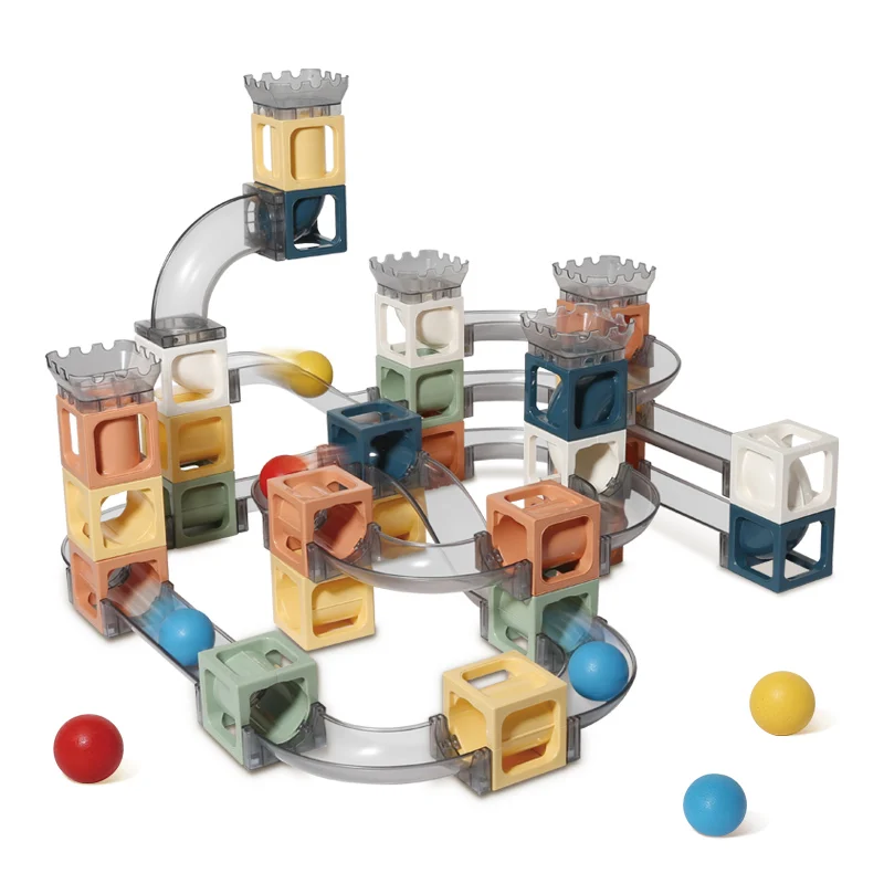 64 Pcs DIY Easy Assemble 3D Magnetic Building Blocks Marble Run Game Track Toys with 3 Wooden Balls for Kids Stem Learning