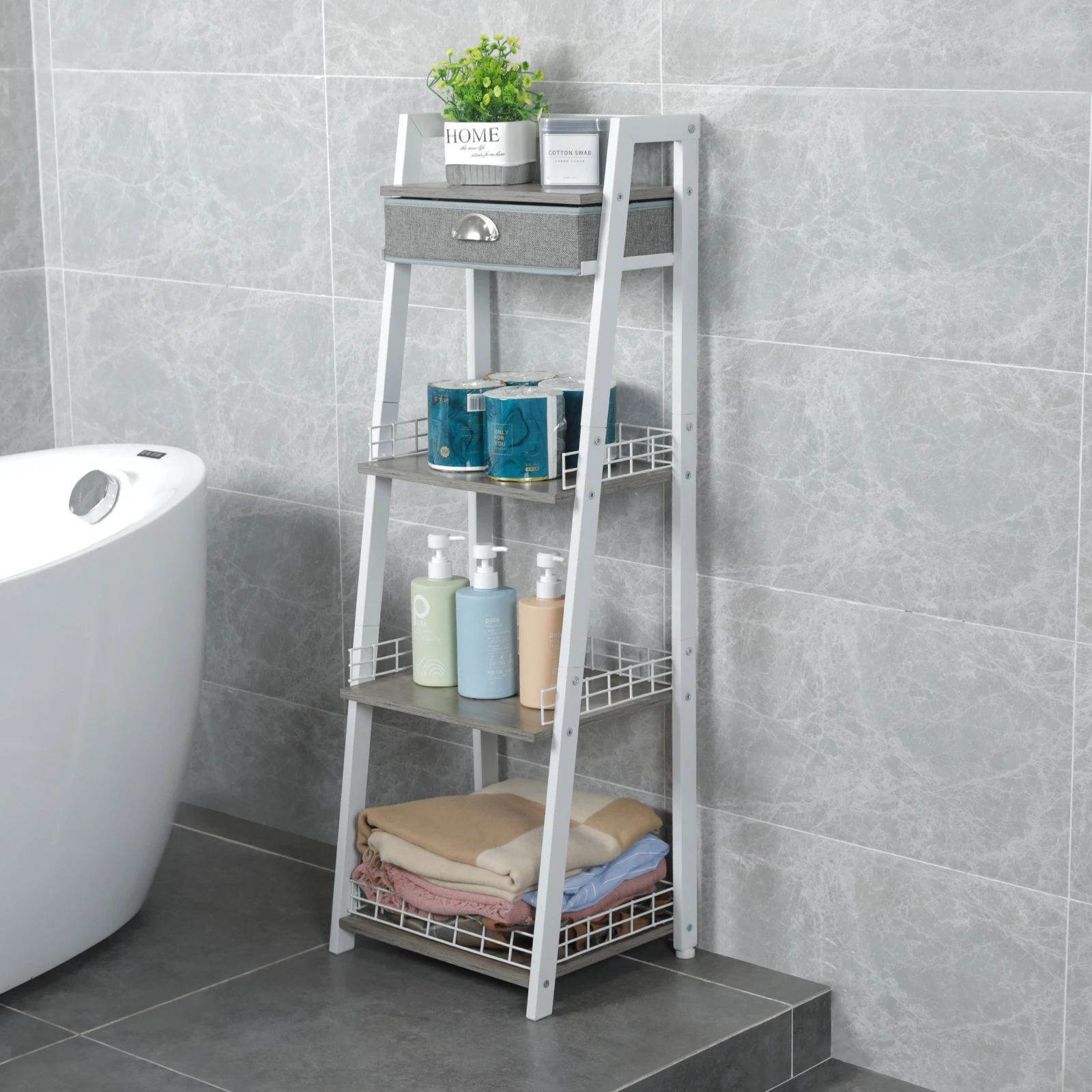 Hot sale 4 Tier Bathroom Ladder Shelf storage shelves units commercial Floor Storage Shelf with Drawer for Bathroom Living Room