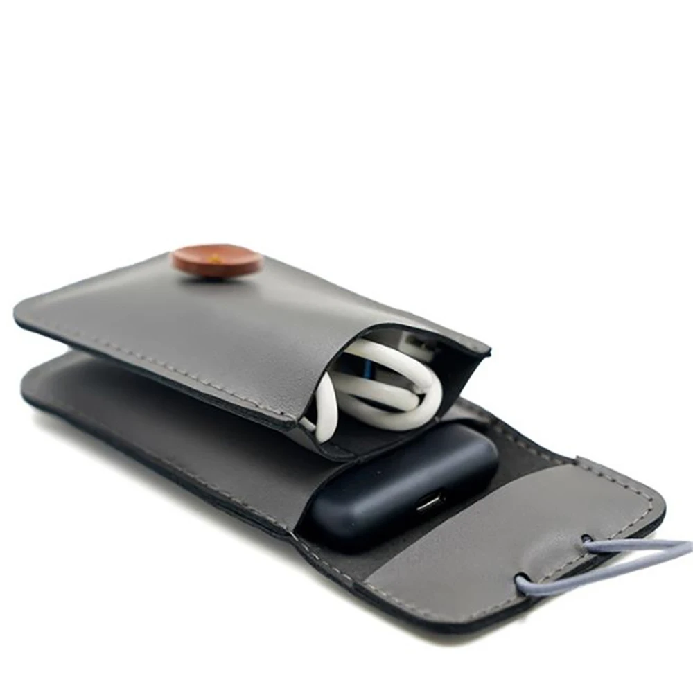 Retro Crazy Horse Genuine Cowhide Leather Earphone USB Cable Organizer Bag Charger with Button