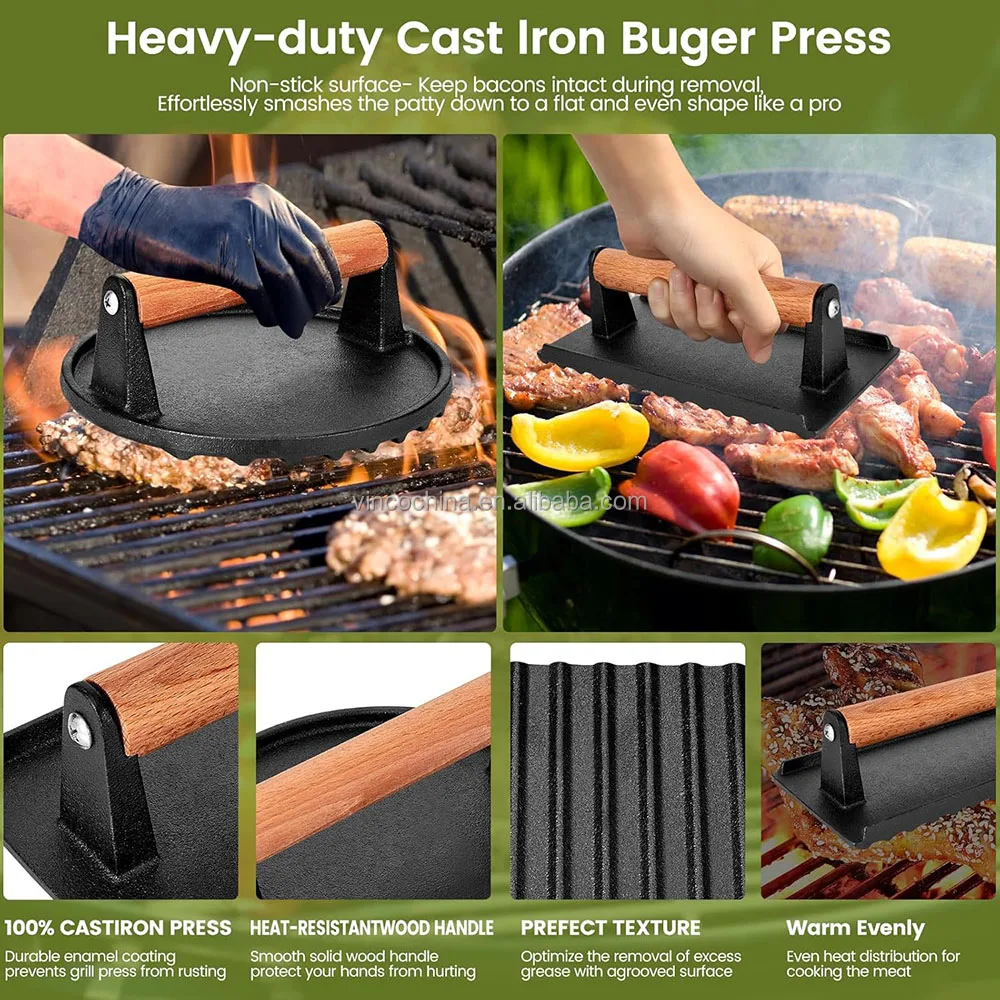 Burger Press Cast Iron Smash Bacon Press Round & Rectangle Cast Iron Grill Press With Wooden Handle for Blackstone Griddle