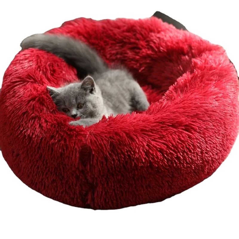 Round Plush Long Faux Fur Ultra Calming Cushion Cuddler Donut Pet Bed for Dogs and Cats Dog Beds Eco Friendly Luxury