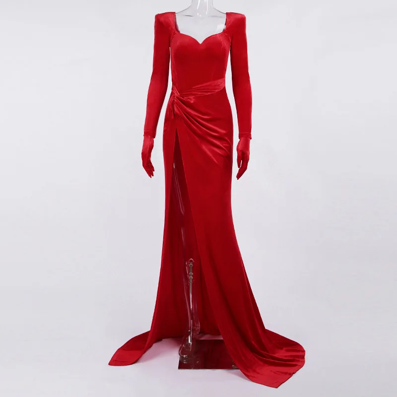Womens Luxury Evening Dresses Party Wear Velour Ruched Red Gown Long Sleeve Front Slit Shoulder Padded Velvet Sexy Maxi Dress