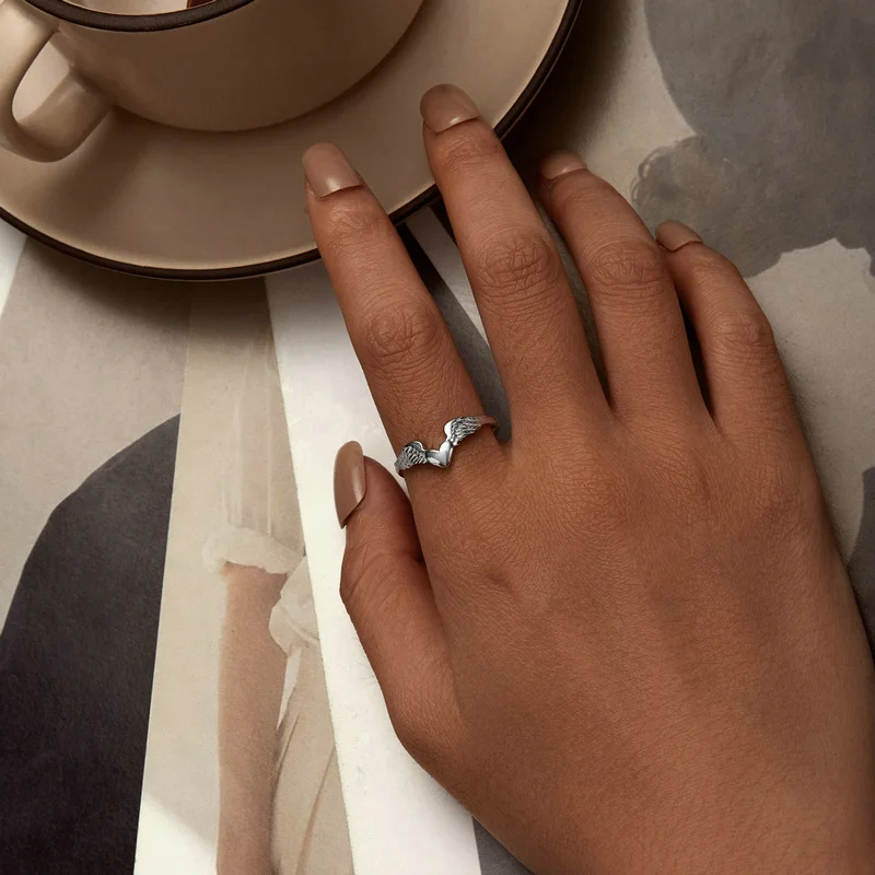 fine jewelry 925 sterling silver heart rings Delicacy Angel heart wedding rings Adjustable open rings jewelry for women