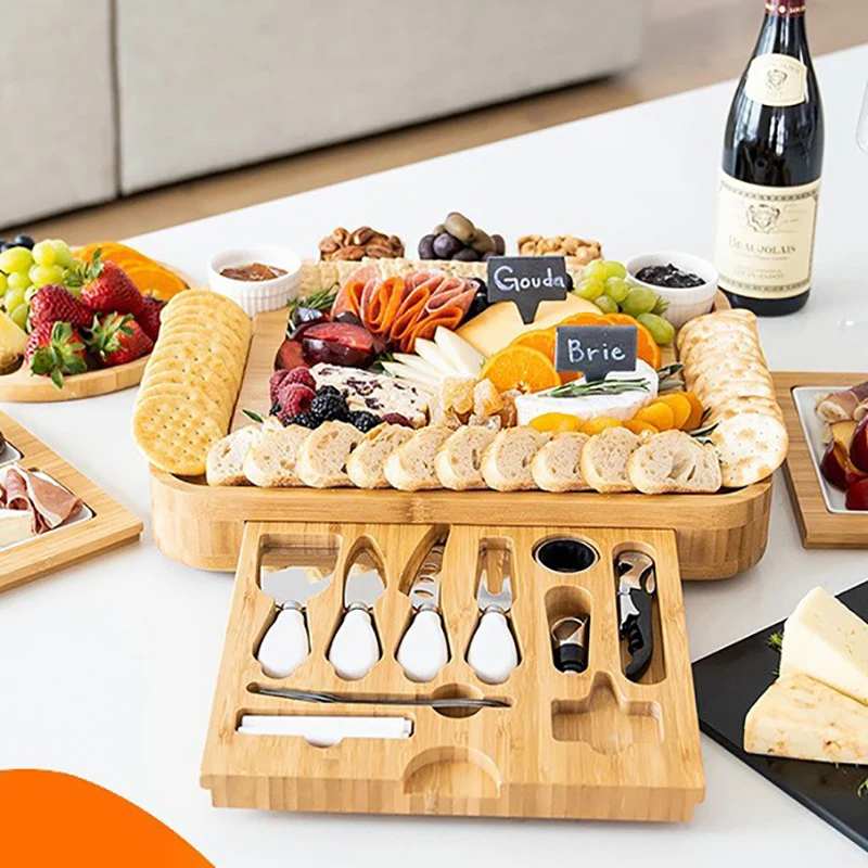 Bamboo Cheese Board and Knife Set with Charcuterie Board Serving Tray Stainless Steel Knife Thick Wooden Server With Bowls