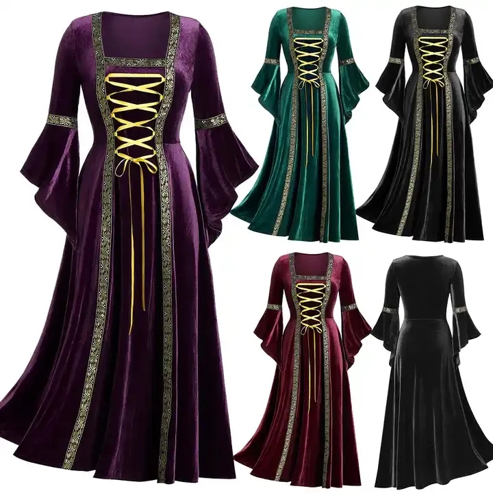 Halloween Women Dress Costumes For Women Long Sleeve Medieval Cosplay Vintage Vampire Witch Victorian Gothic Bandage Dress