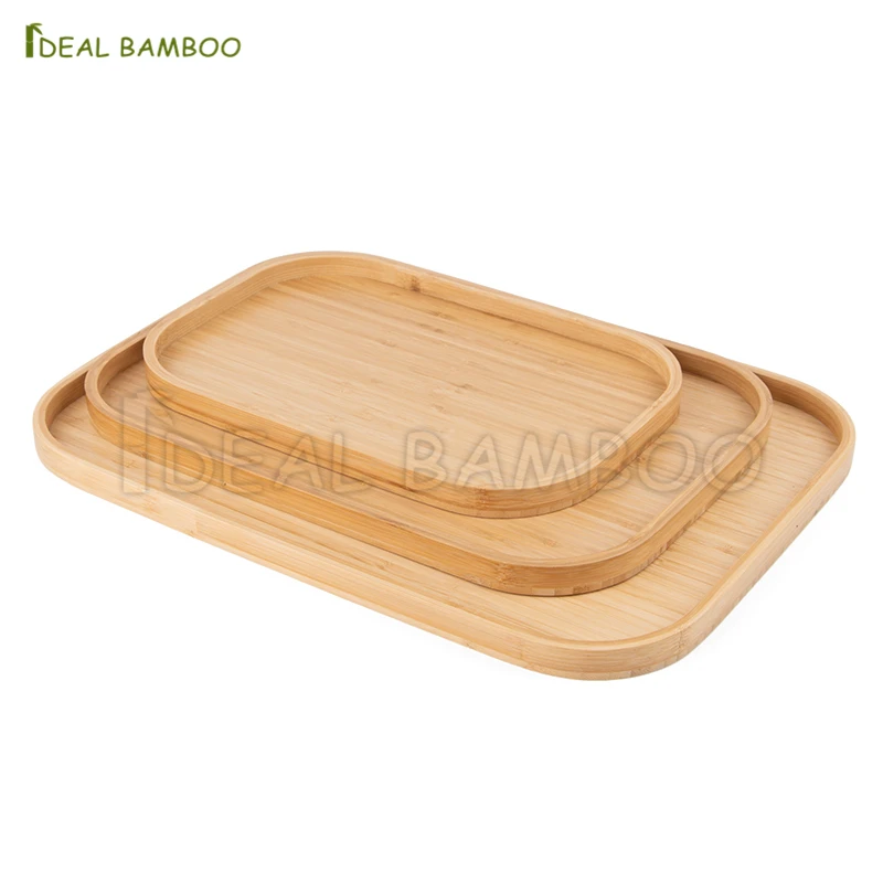 High Quality Decoration Set of 3 pcs Rectangle Wood Tray Bamboo Serving Tray Set with Handle
