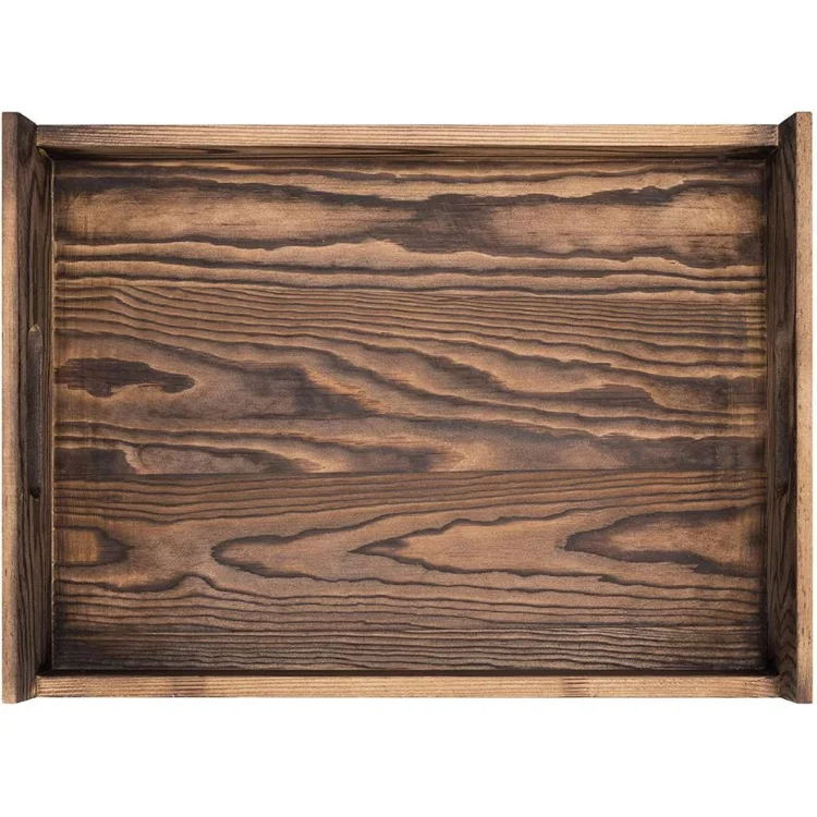 Dark Brown Solid Wood Nesting Serving Trays With Cutout Handles,Set Of 2
