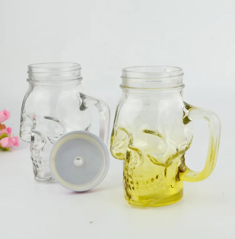 6 pack glass mason drinking jars with handle 16oz skull mason jar clear glass tumbler cup beer mugs with straws