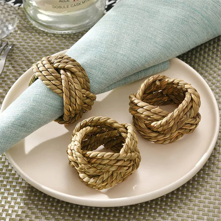 Handmade Rustic Water Hyacinth Woven Napkin Ring Decorative Dining Hemp Napkin Holders for Wedding Party Christmas Table