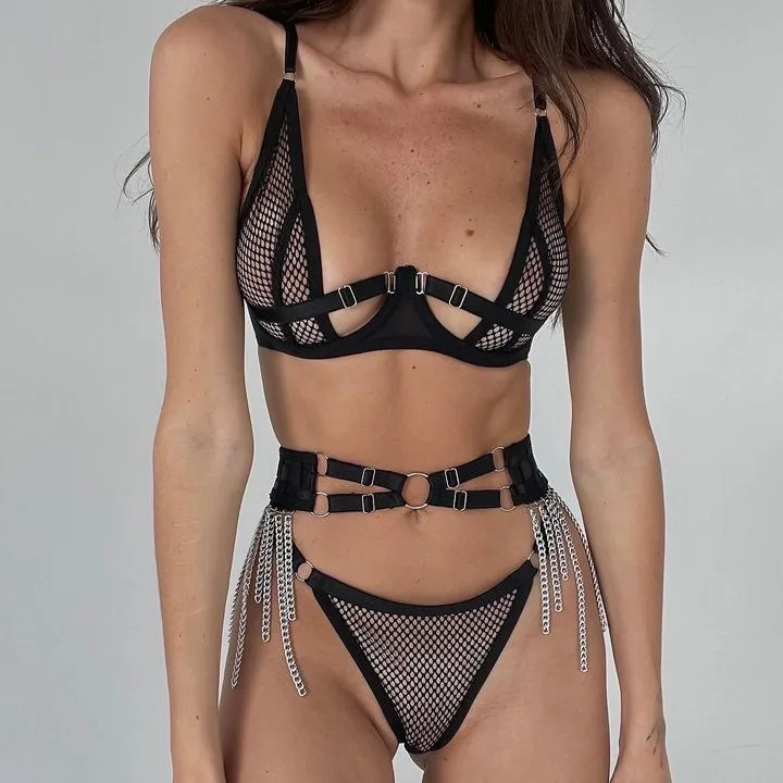 Neon Floral Lingerie 3 Piece Set Transparent Underwear Women Push Up Bra With Bone Erotic Lingerie Sensual Lingerie Set