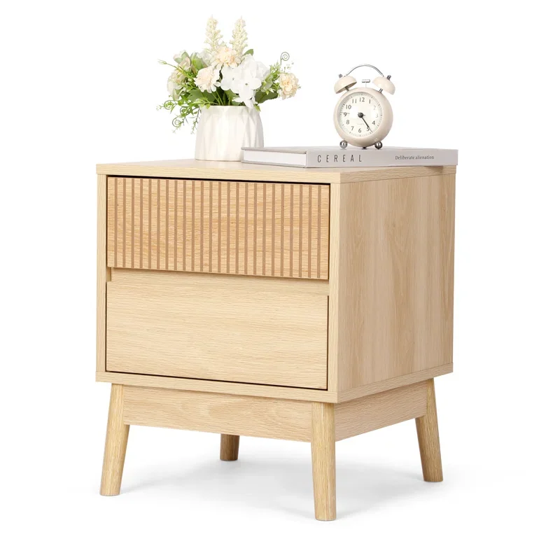 2-Drawer Bedside Tables with Solid Wood Legs for Bedroom, Modern Night Stand Side Table for Small Space Living Room End Table