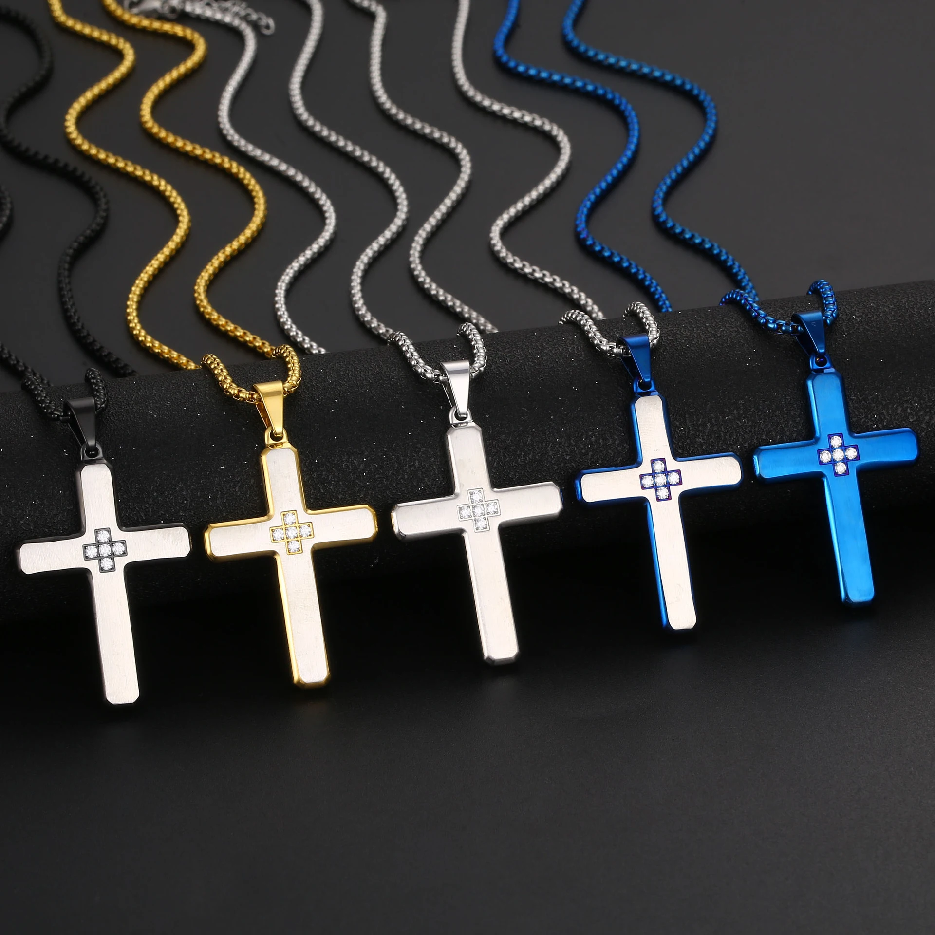 Custom Wholesale Two-tone Man Fancy Stainless Steel Jewelry Manufacturer Inspired Cross Cubic Zirconia Mens Pendant Necklace