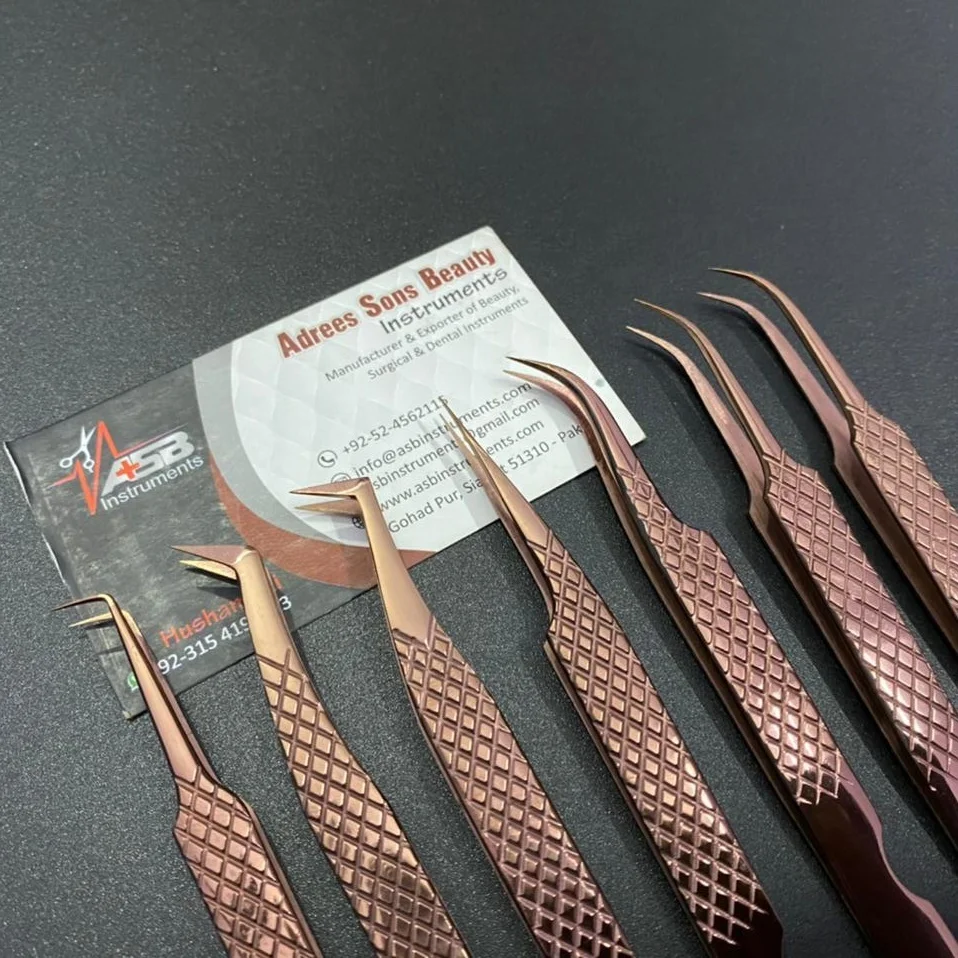 Rose Gold Japanese Stainless Steel Eyelash Extension Tweezers Hand-Tested Diamond Grip Pointed Volume Fiber Plasma Sustainable