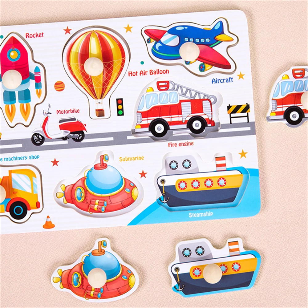 Hot Sale Montessori Educational Children Cartoon Animal Alphabet Fruit Topic Jigsaw Board DIY Hand Grab Wooden Peg Puzzle Toys