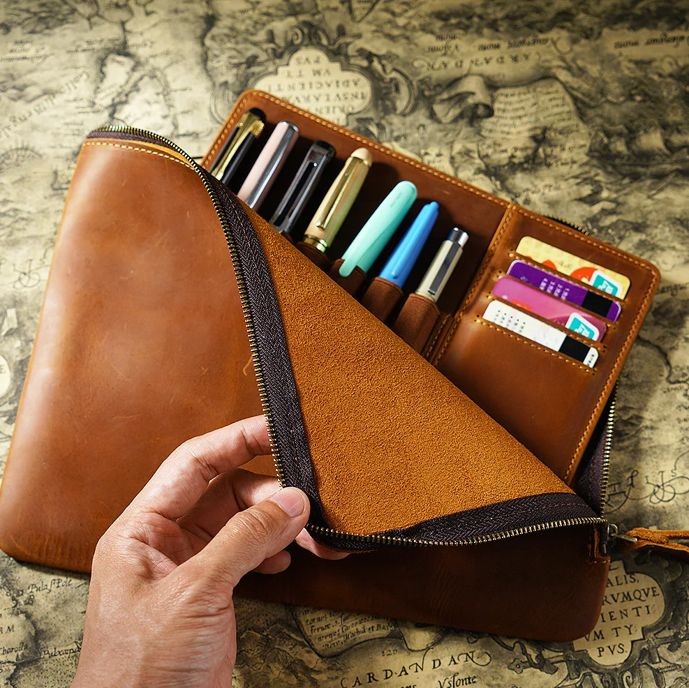 Large Capacity Crazy Horse Leather Pen Case Zippered Pencil Pouch Handmade Cow Leather Pen Bag For Student