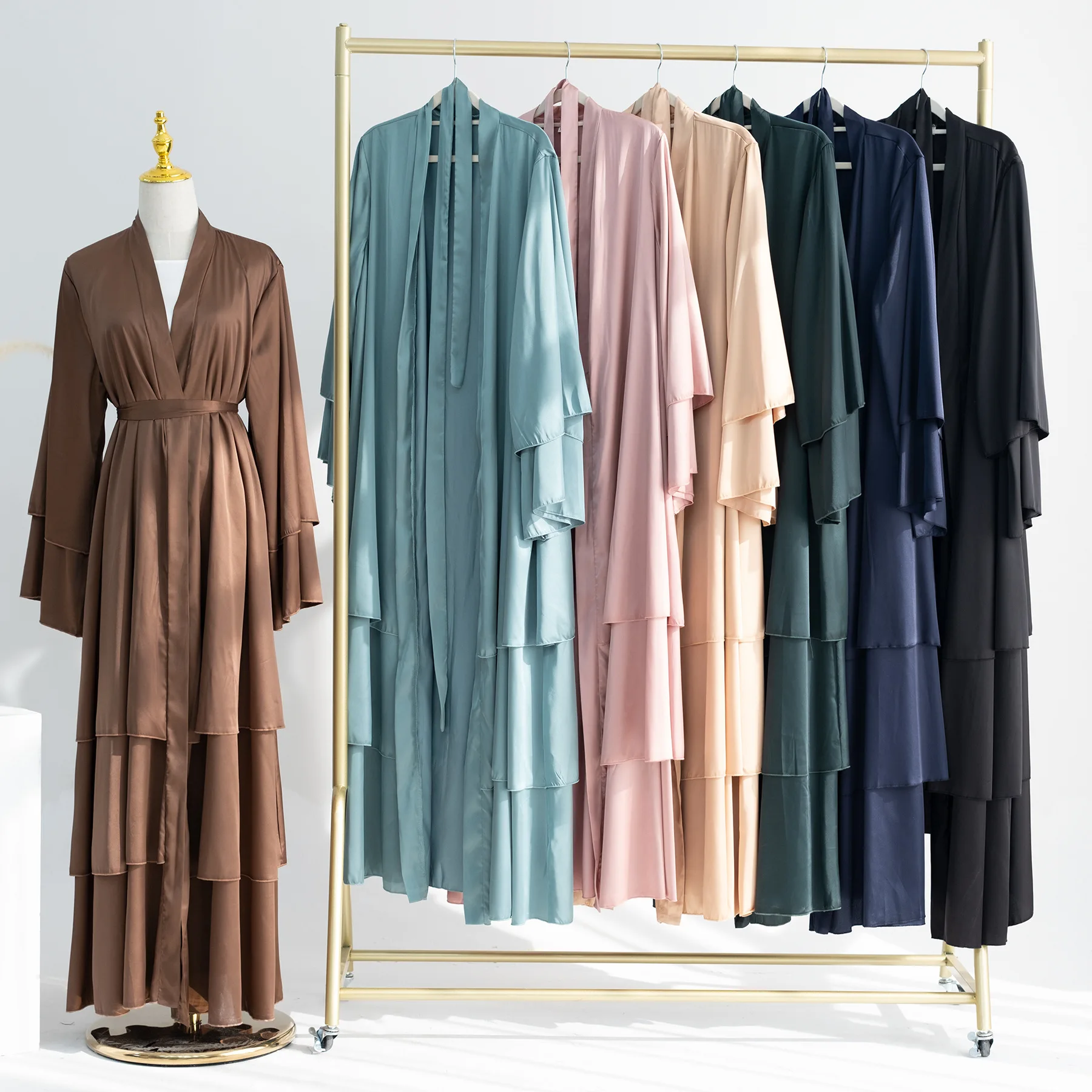 2024 Islamic Clothing Eid Dubai Elegant Modest Abaya Women Muslim Dress 3 Layers High Quality Satin Silk Open Abaya