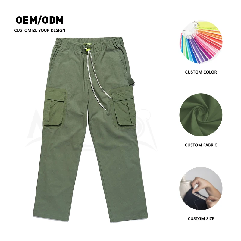Hot sale cargo pants men wholesale loose nylon drawstring elastic waistband pocket cargo trousers custom baggy cargo pants men