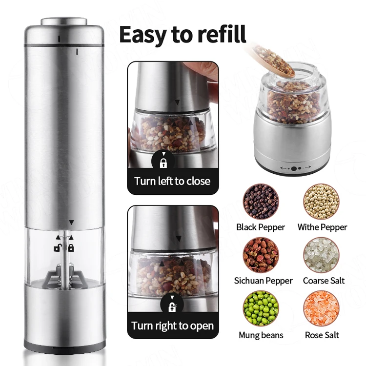 Amazon Hot Selling Electric Salt and Pepper Shaker Ceramic Grinder,Battery Operated Stainless Steel Salt&Pepper Shakers Mill Set