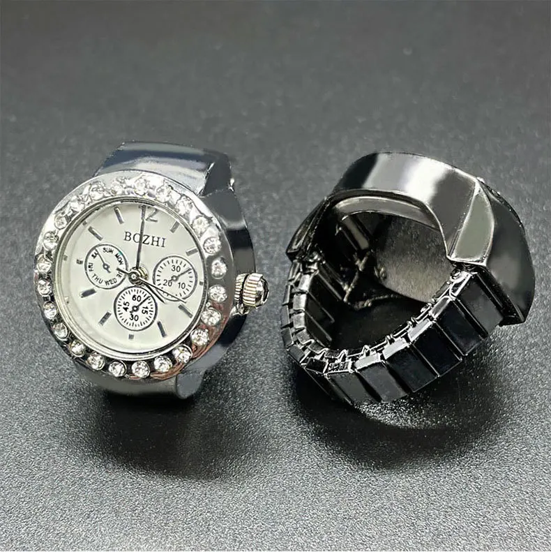 Custom logo Finger Watch Ring Dial Quartz Elastic Watchband Steel Mini Watches Ring With Extra Battery