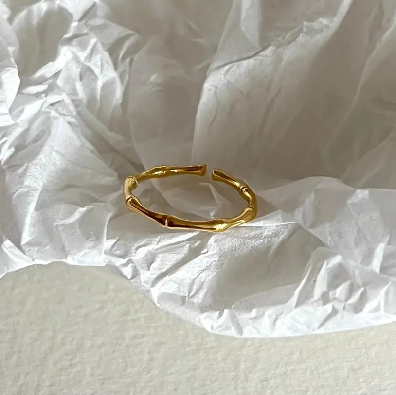Classic 18K Gold Plated  Bamboo Bar Open Finger Rings For Women 925 Sterling Silver Women Jewelry