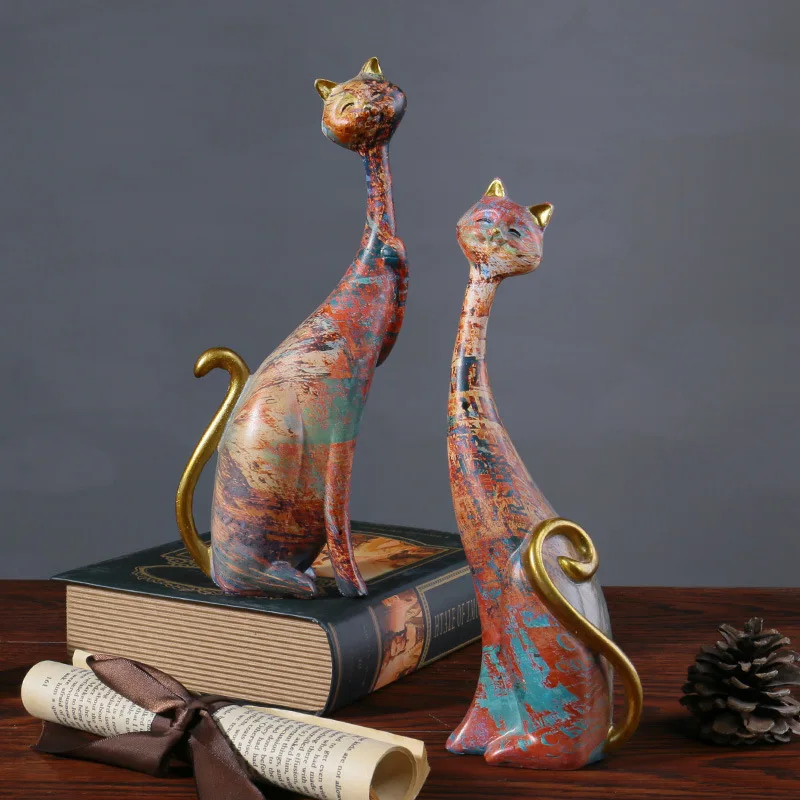 wholesale Two Oil Painting Art Resin Sculpture Statue deer set Cats for Home Hotel Bookshelf lover cat gift Desktop Decoration