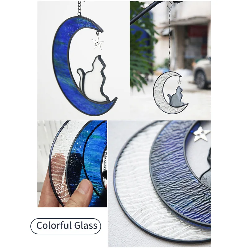 stained glass material sun catcher Windows decoration Moon Star cat  Hanging crafts pet loss gift