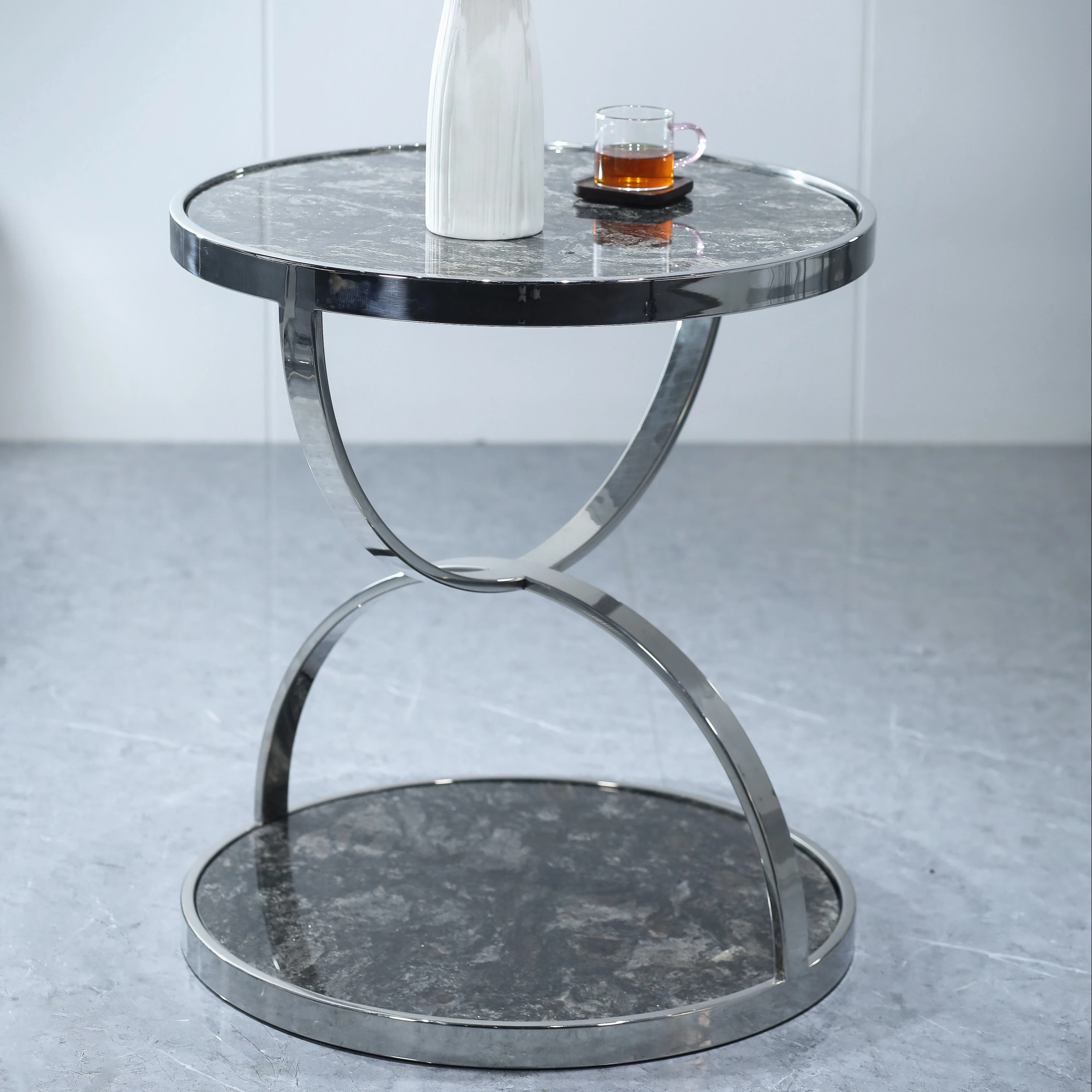 Modern Latest Design Round Top Coffee Corner Table Metal Stainless Steel Base Top Side Table For Living Room