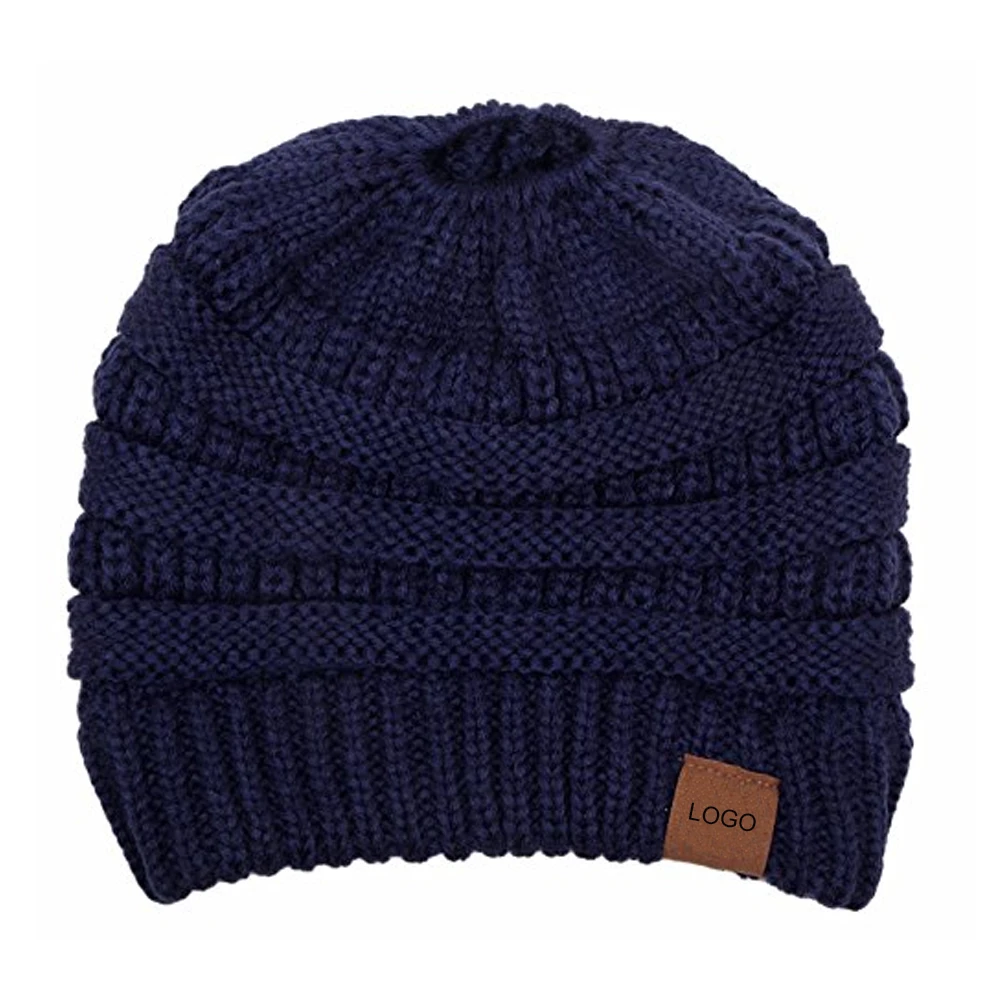 Custom Winter Beanie Thread woven with Leather Patch logo Beanie  for Women Knitted hat