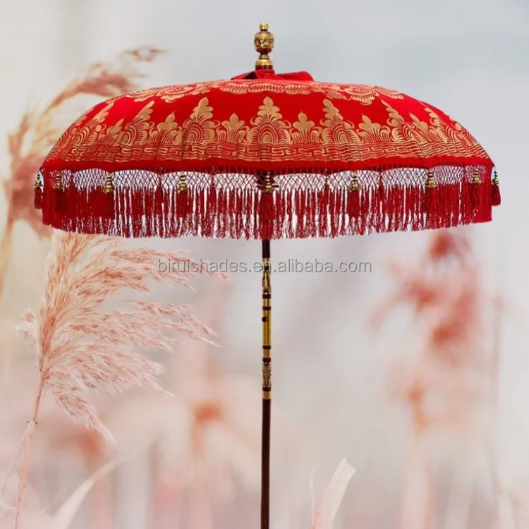 2m Vintage Handcrafted Premium Canvas Bali Patio Table Umbrella with Tassels, Wooden Pool Garden Furniture London Sun Parasols