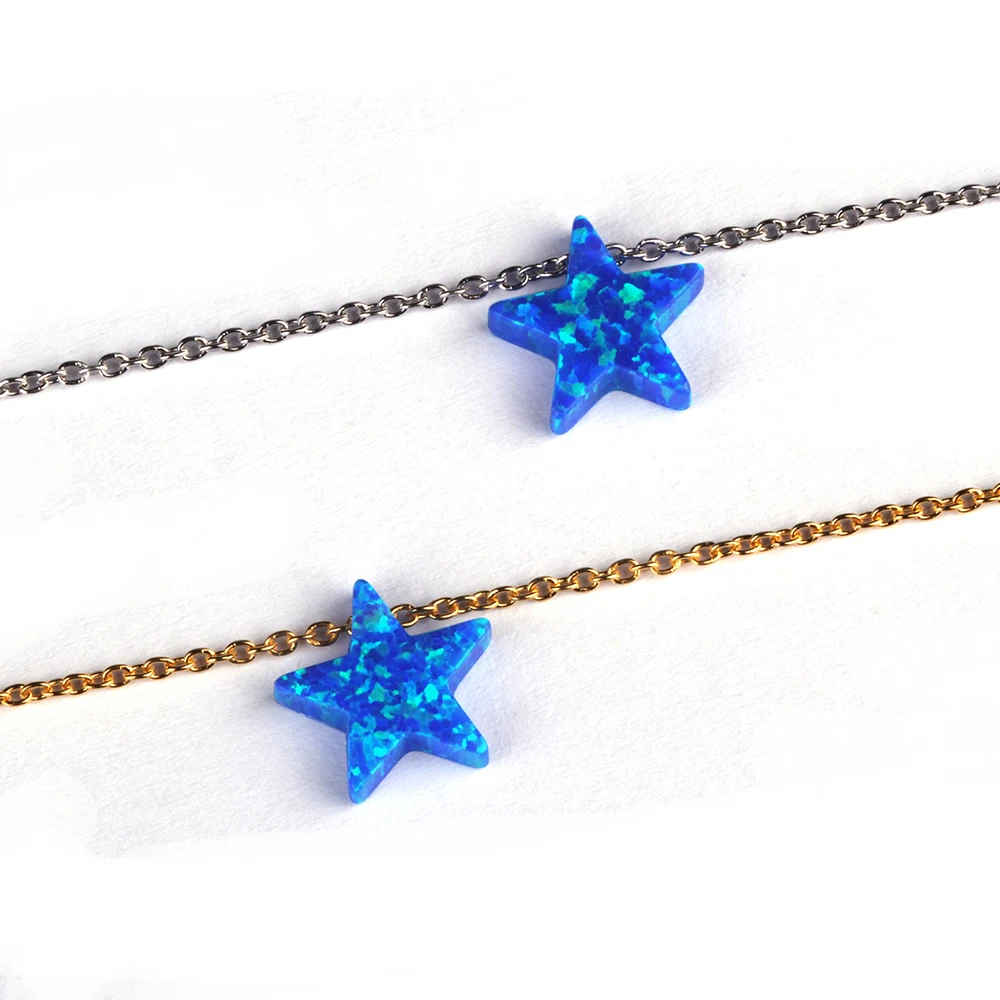 5 Point Star Charm Bracelet Sterling Silver Link Chain Synthetic Opal Jewelry Blue and White Star Bracelet
