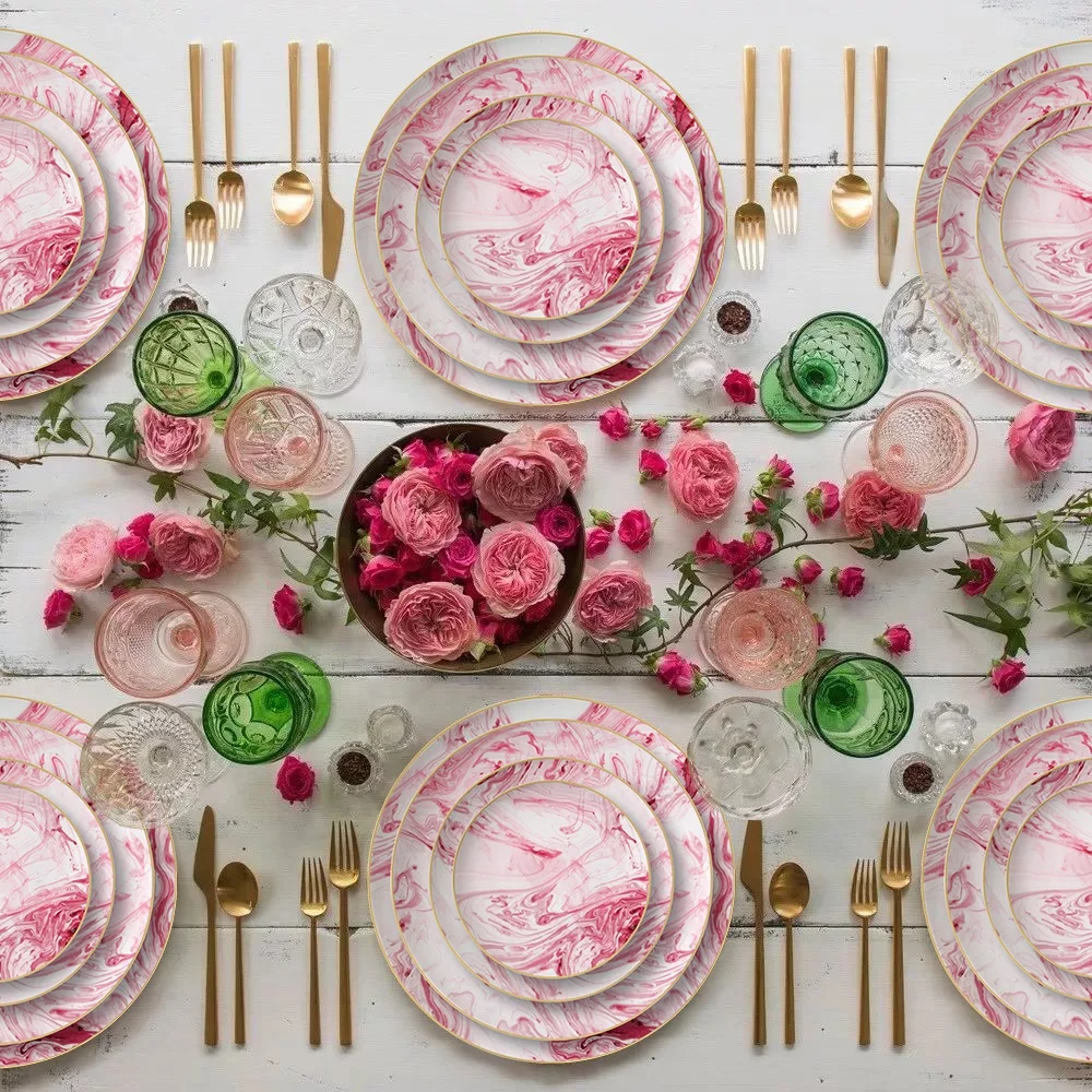 Fantasy pink color marble dessert dish wedding ceramic dinnerware set