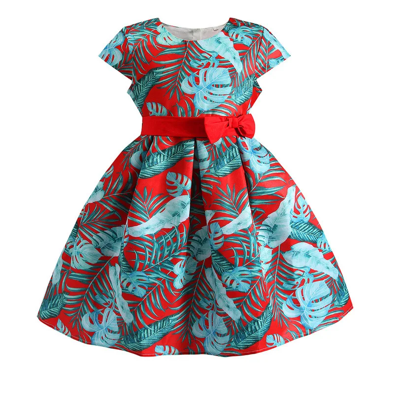 New Summer High Quality Dresses Round Neck Print Princess Children Bow Belt Girls Dresses
