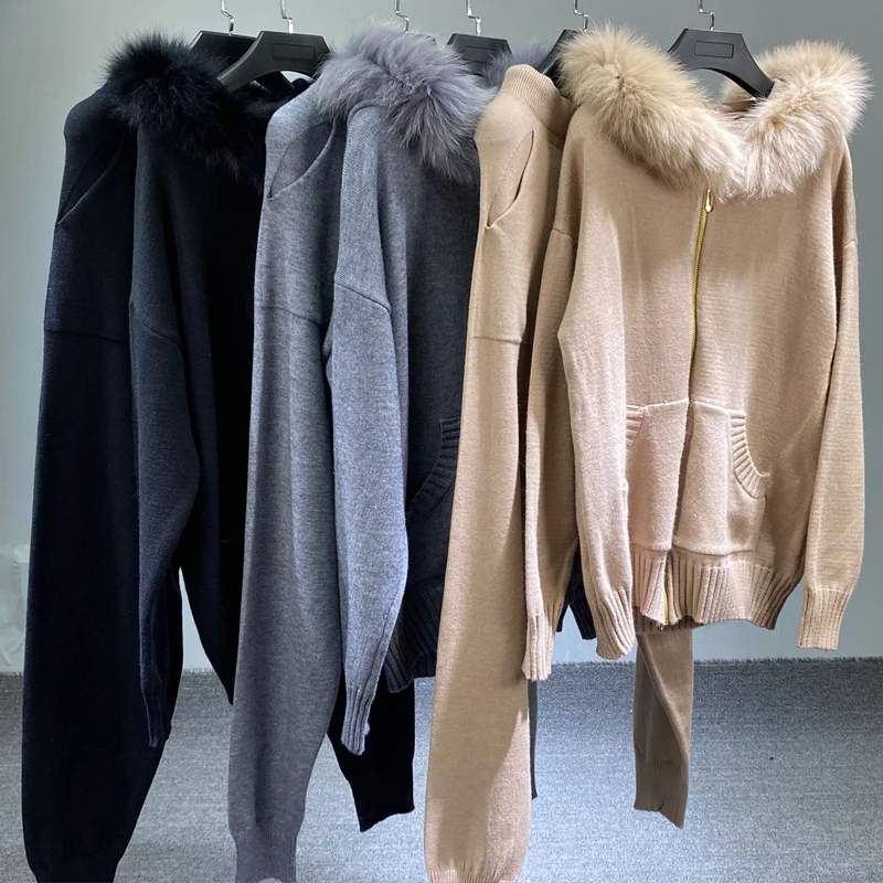 Лидер продаж 2021, Женский вязаный свитер S063, комплект из 2 предметов с воротником из натурального меха и широкими штанинами, комплект одежды для отдыха