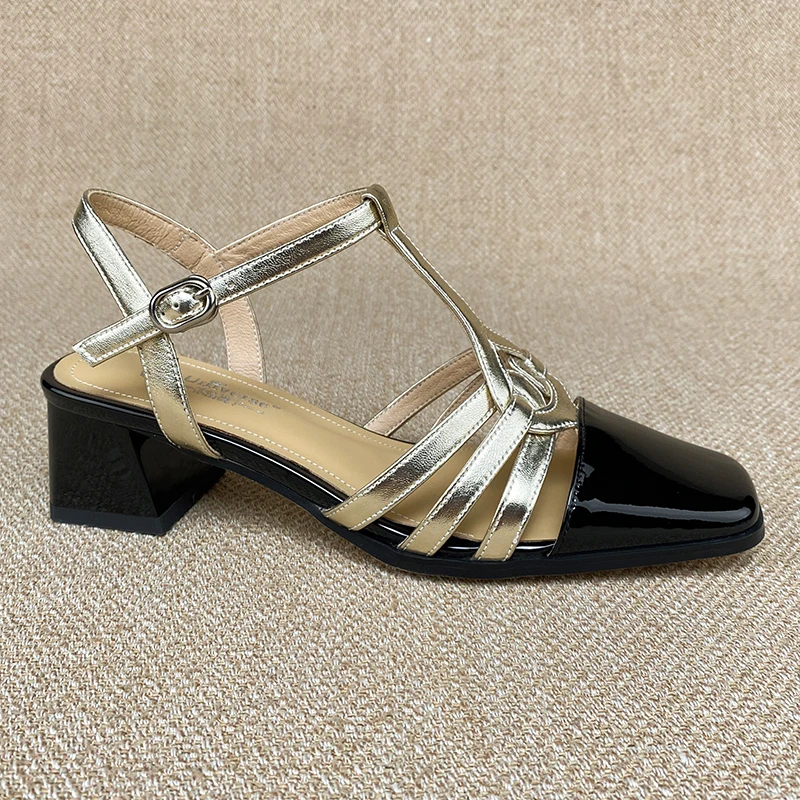 Universe P121 Patent Sheepskin SquareToe New Arrivals Ladies Sandals Factory Handmade Genuine Leather Sandals Women