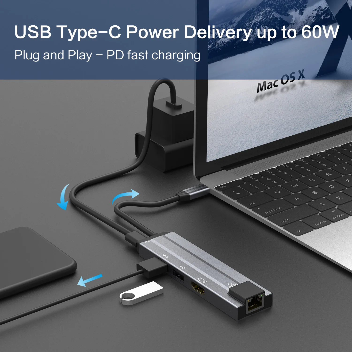  Тип C концентратор USB 5 в 1 к RJ45 Ethernet адаптер 4 компьютера Адаптер Hub с PD зарядный кабель для Macbook и Windows
