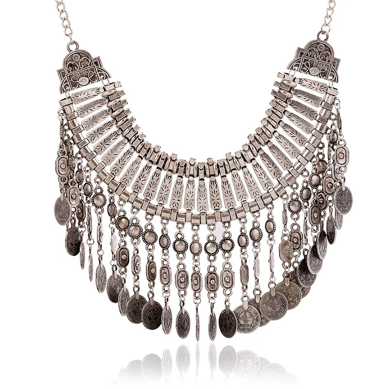 Factory Wholesale Ethnic Style Vintage Antique Silver Alloy Coin Tassel Statement Necklace For Women