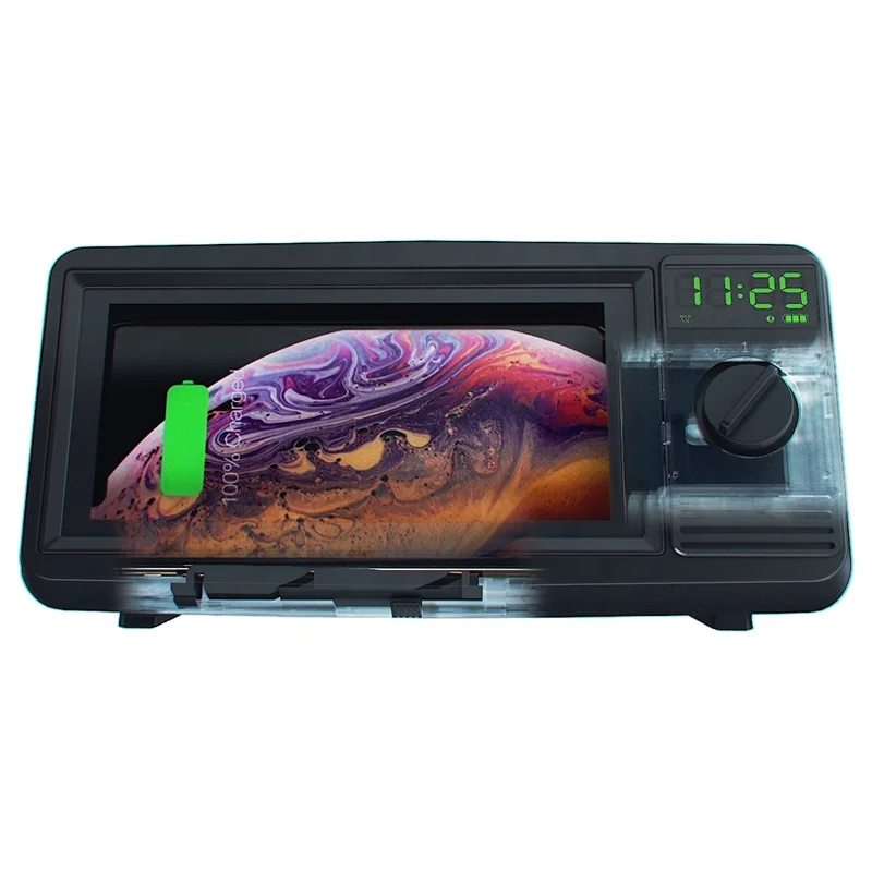 
Custom Logo Retro TV Speaker Desktop Qi Fast Wireless Charger Stand with Clock / Alarm Function 