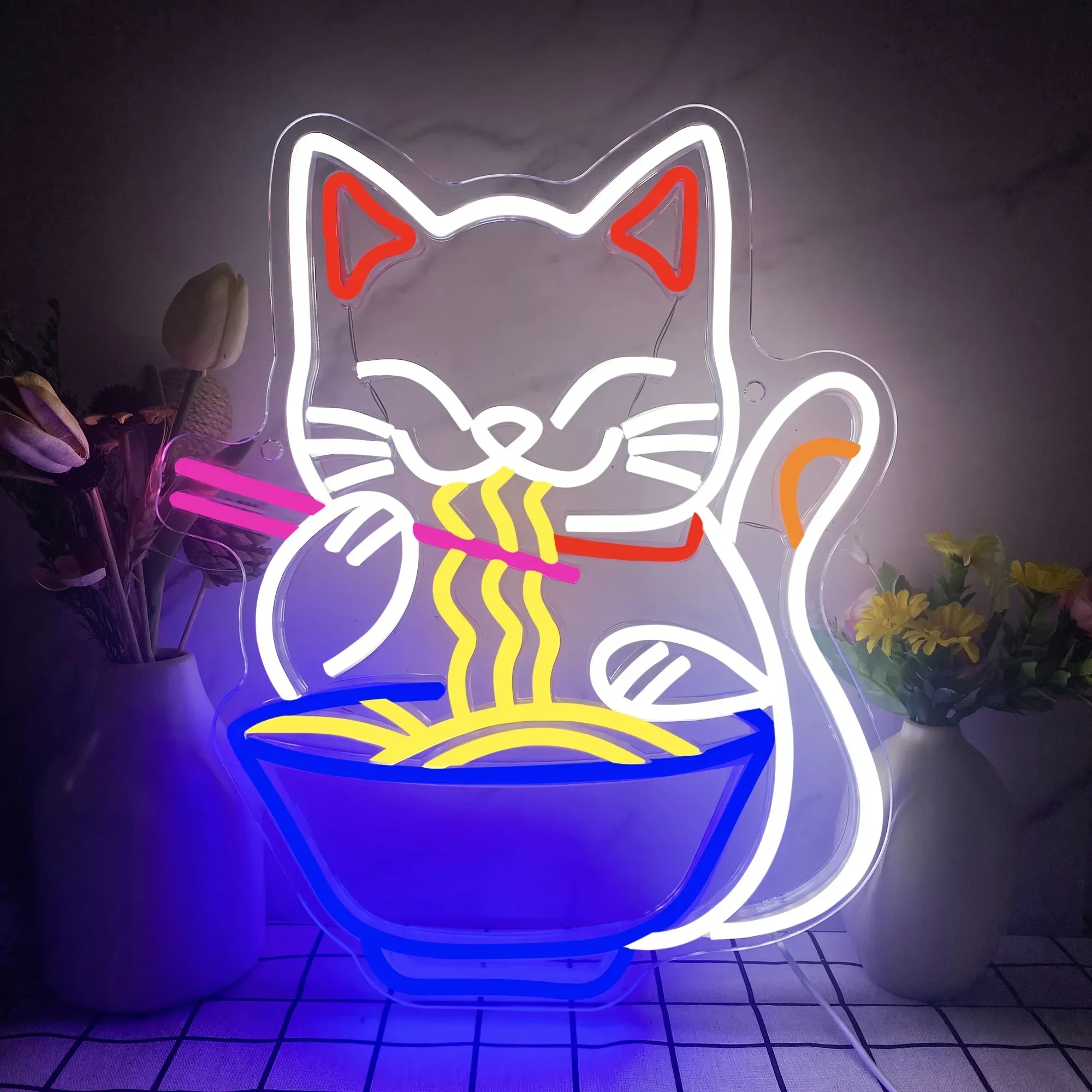 Fortune Cat Ramen Neon Sign Dimmable LED Wall Decor Japanese Lucky Cat Noodle Ramen Restaurant Home Bar Landscape Neon Lights