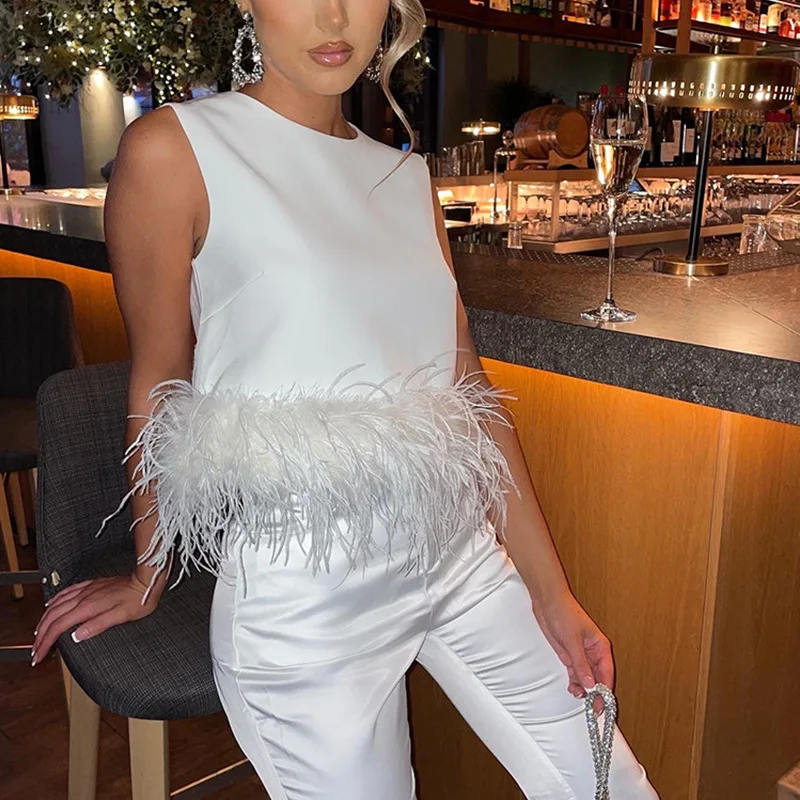Wholesale Summer Ladies Sleeveless Round-neck Feather Trim Crop Tops Womens Tank Tops Custom Patchwork Vest Ostrich Feather Top