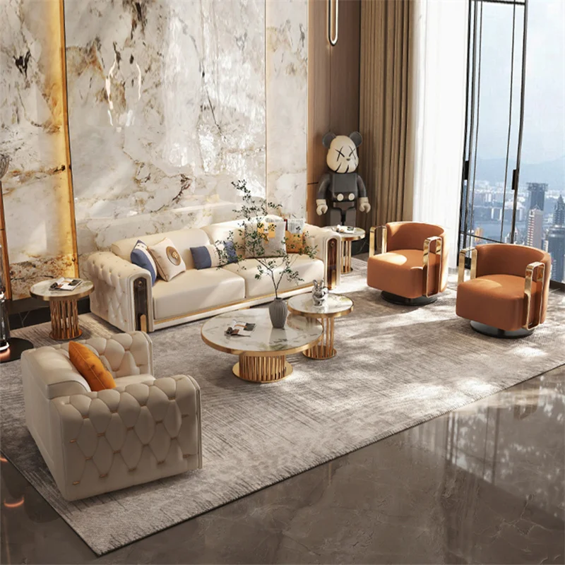 Luxury high quality gold legs chesterfield leather sectional sofa set upholstered for villa apartment mall living room furniture