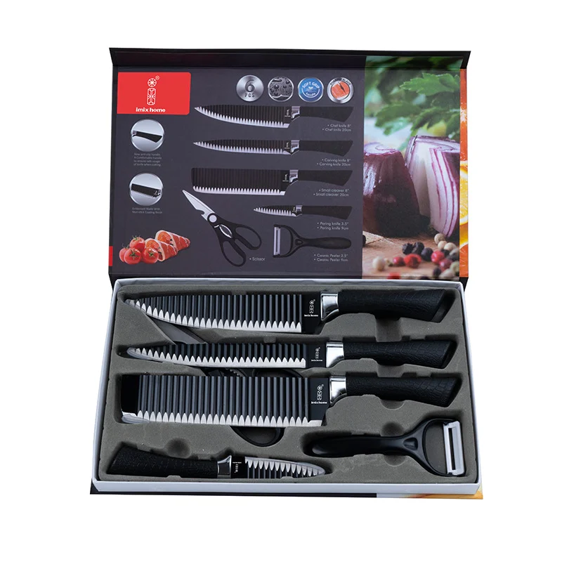 low price Promotion gift 6pcs kitchen knife set plus peeler non stick stainless steel black coating kitchen knife with scissors