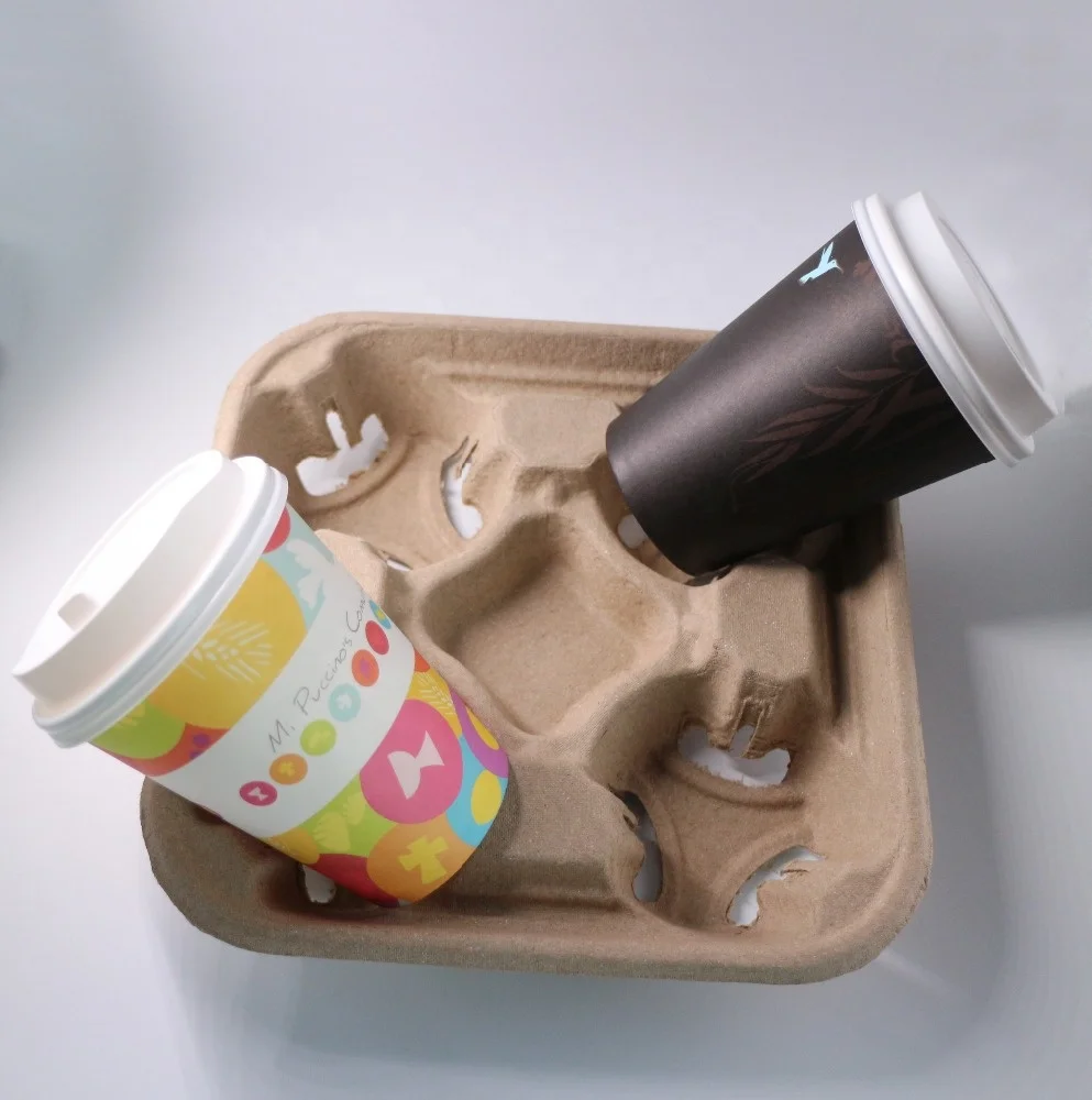 Disposable Pulp Moulded Drink Paper Cup Carrier Holder Tray for 4