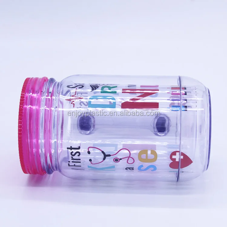 Wholesale Customized Plastic double wall snow globe 20oz plastic mason jar with handle and straw