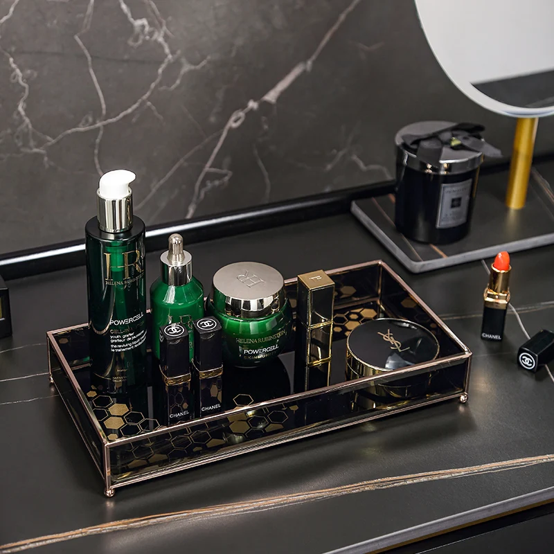 Wholesale Black Glass Rectangle Honeycomb Pattern Organizer Tray Home Decoration Perfume Fragrance Makeup