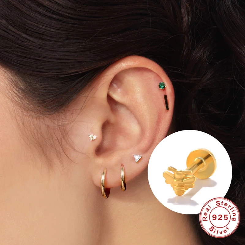QLEESI 2022 Small Bee Labret Piercing Internal Thread 925 Silver Body Jewelry 16G Wholesale Earrings