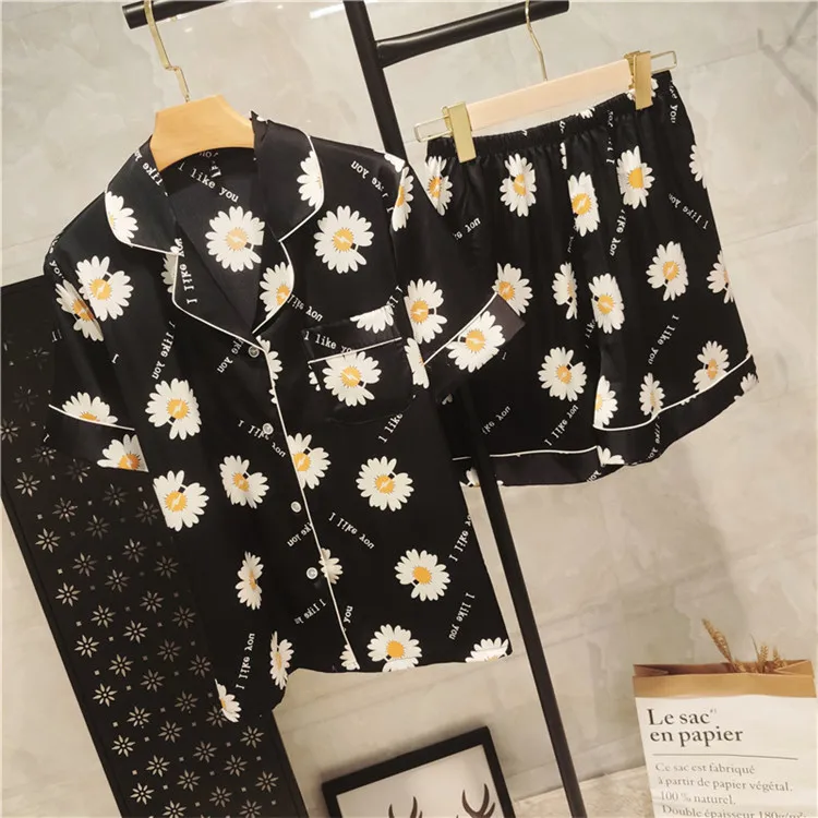 black sexy nighty sex women ladies printed silk pajama short sleepwear
