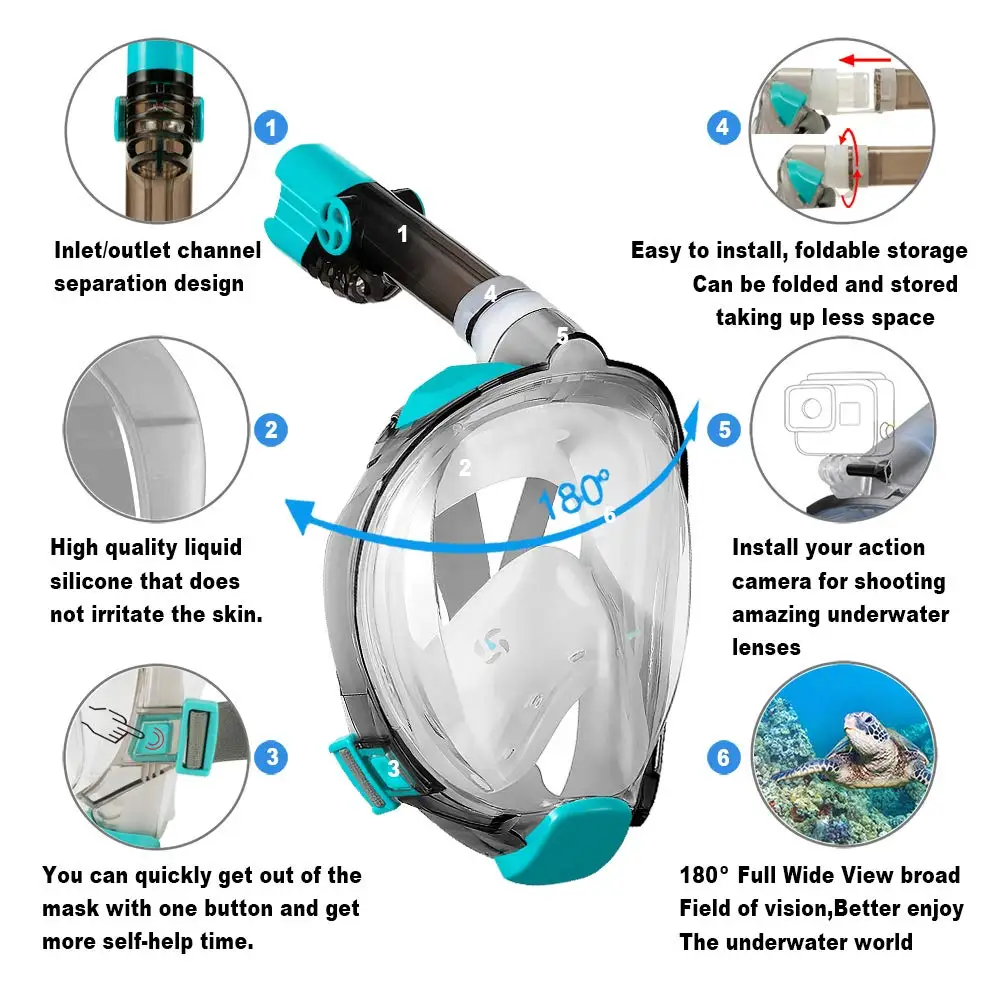  Full Face Diving Oxygen Breathing Masks For Adult Kids 180 Degree View Snorkeling Mask Snorkel