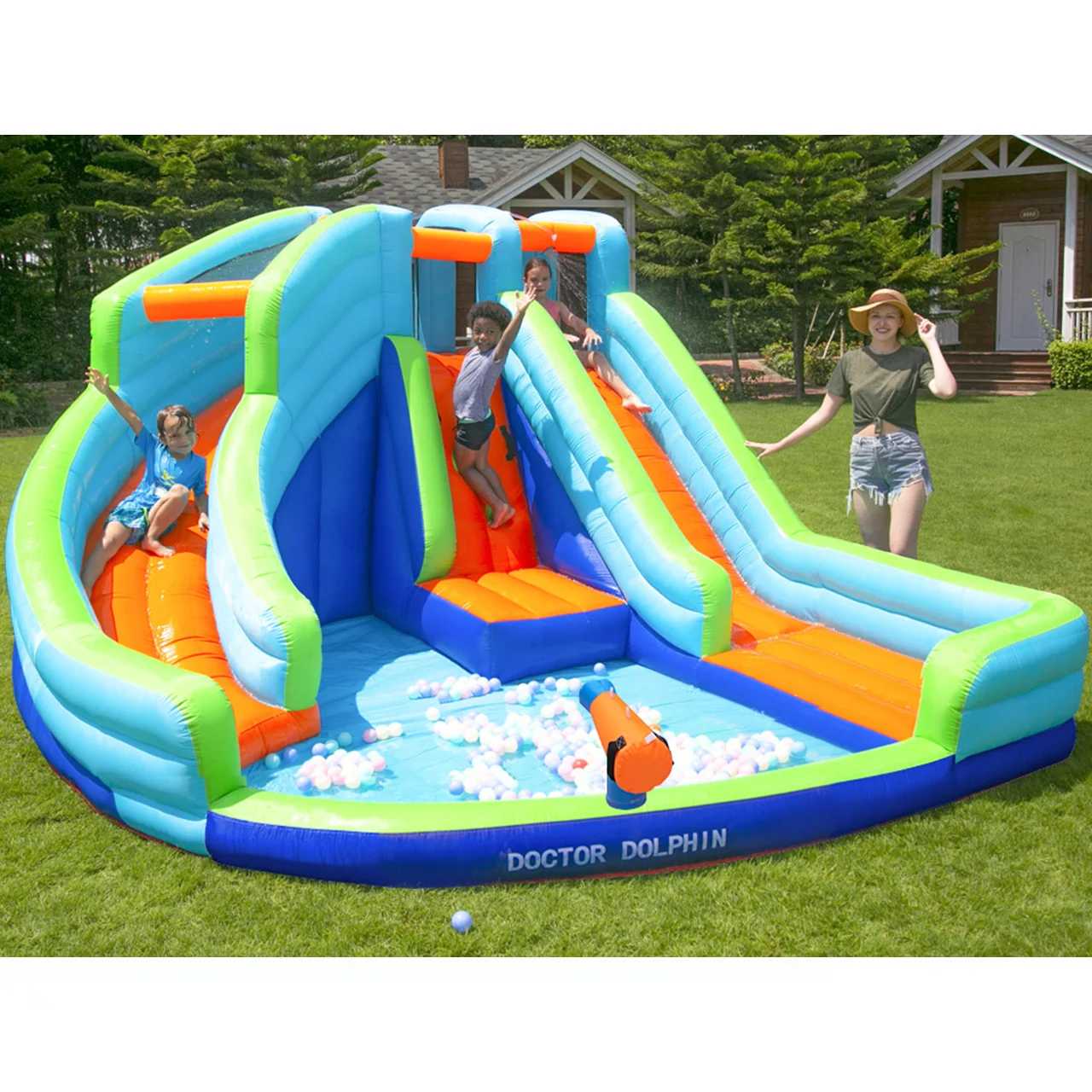 Doctor Dolphin Kid Moon Double Water Gun Rock Climbing Swimming Ball Pool Bouncy Castle Inflatable Water Slide