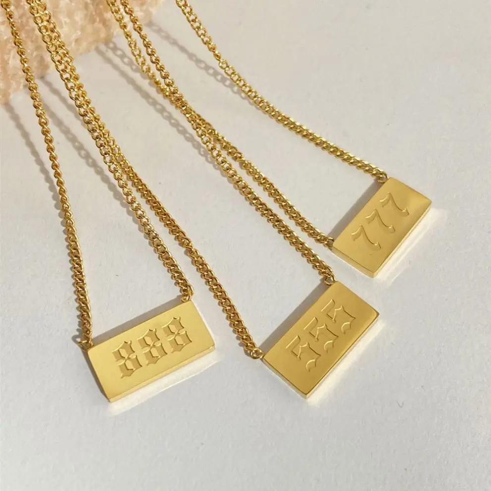 Non Tarnish Waterproof Jewelry Square Pendant Necklace 18K Gold Plated Stainless Steel Luck Angel Number Necklace for Women